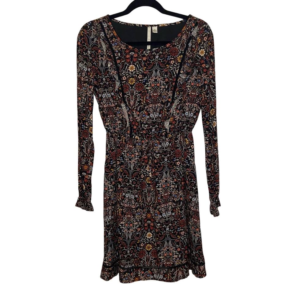 LC Lauren Conrad Dark Floral Dress Long Sleeve Ruffle Girly Preppy Cinched XS